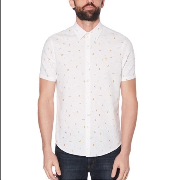 Original Penguin Beer Print Oxford Shirt Short Sleeve Size Small - Picture 1 of 14